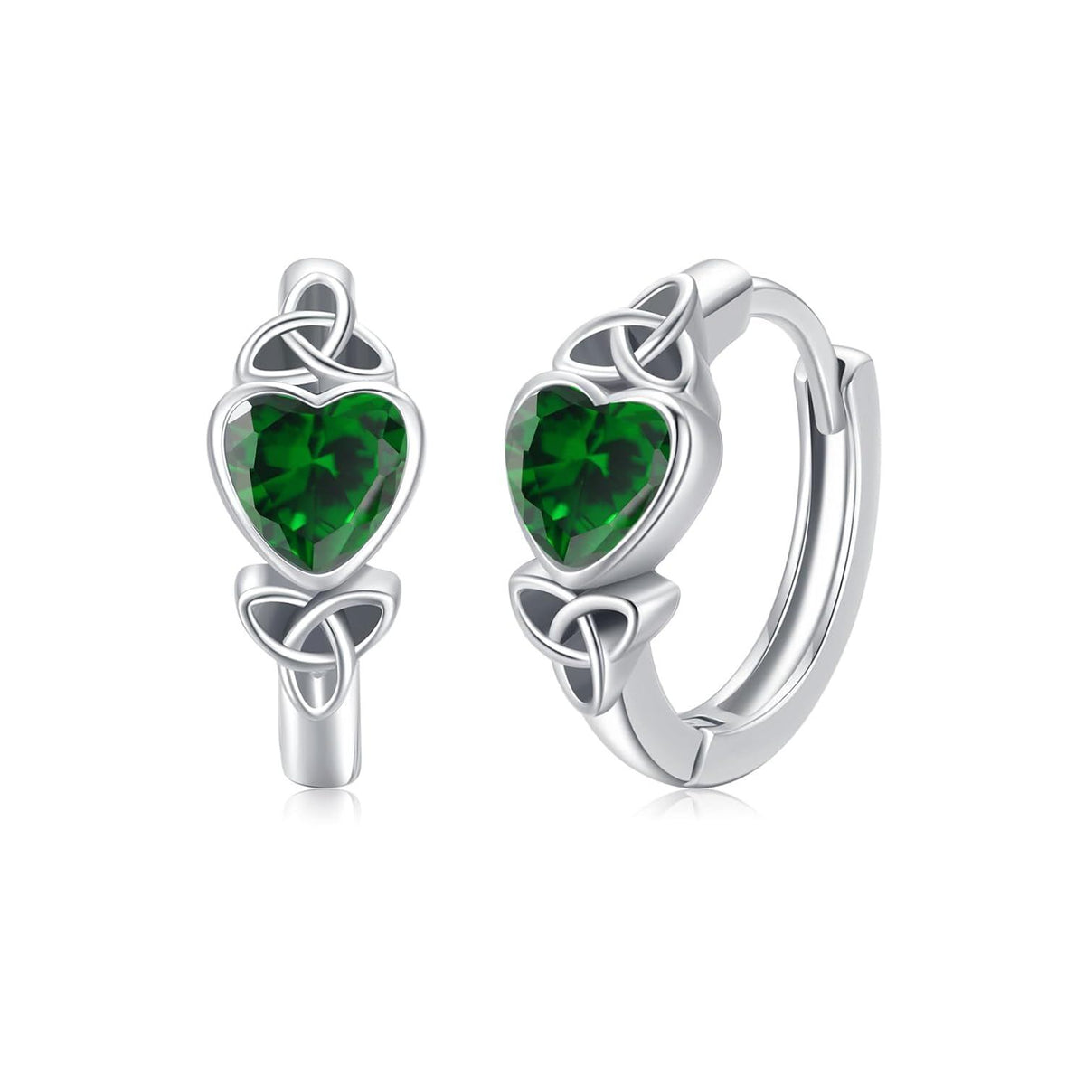 925 Sterling Silver Celtic Knot Heart Green Birthstone Hoop Earrings