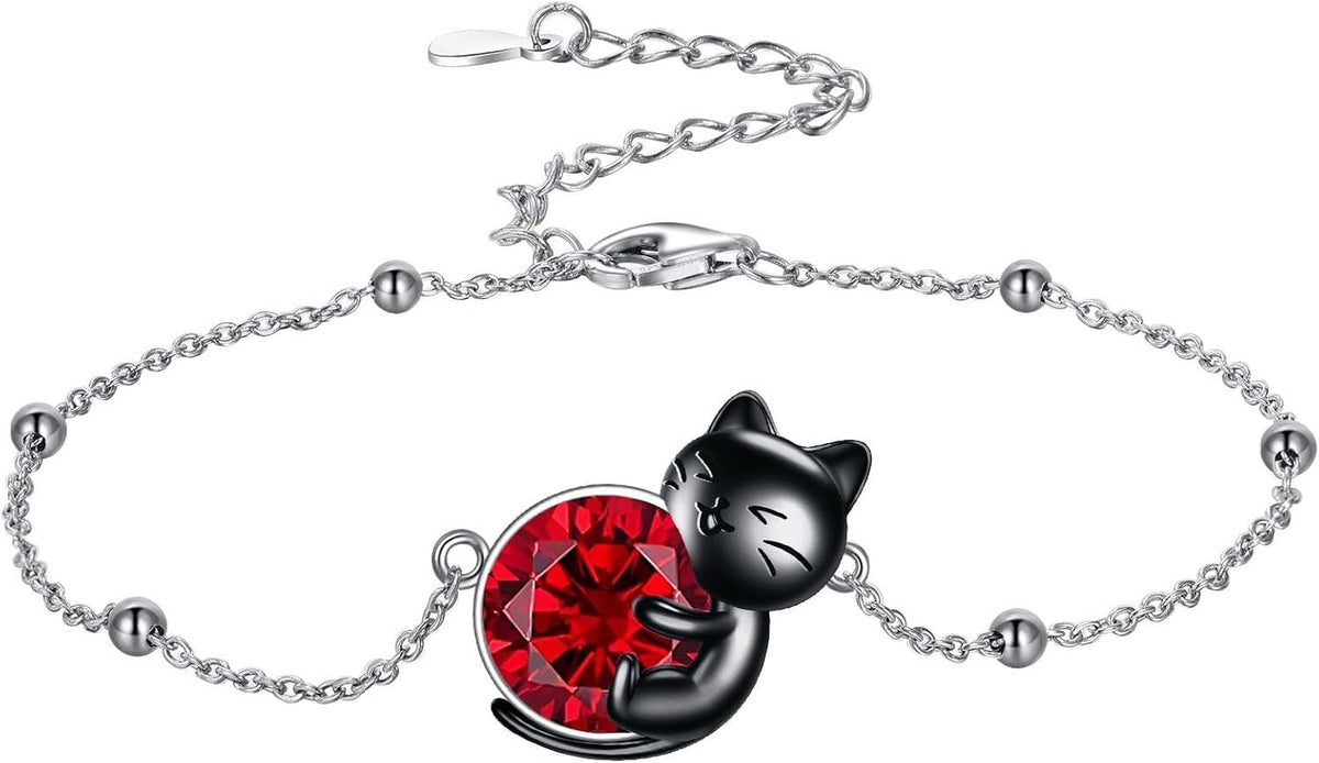 925 Sterling Silver Gun Black Cat Hugging Birthstone Bracelet