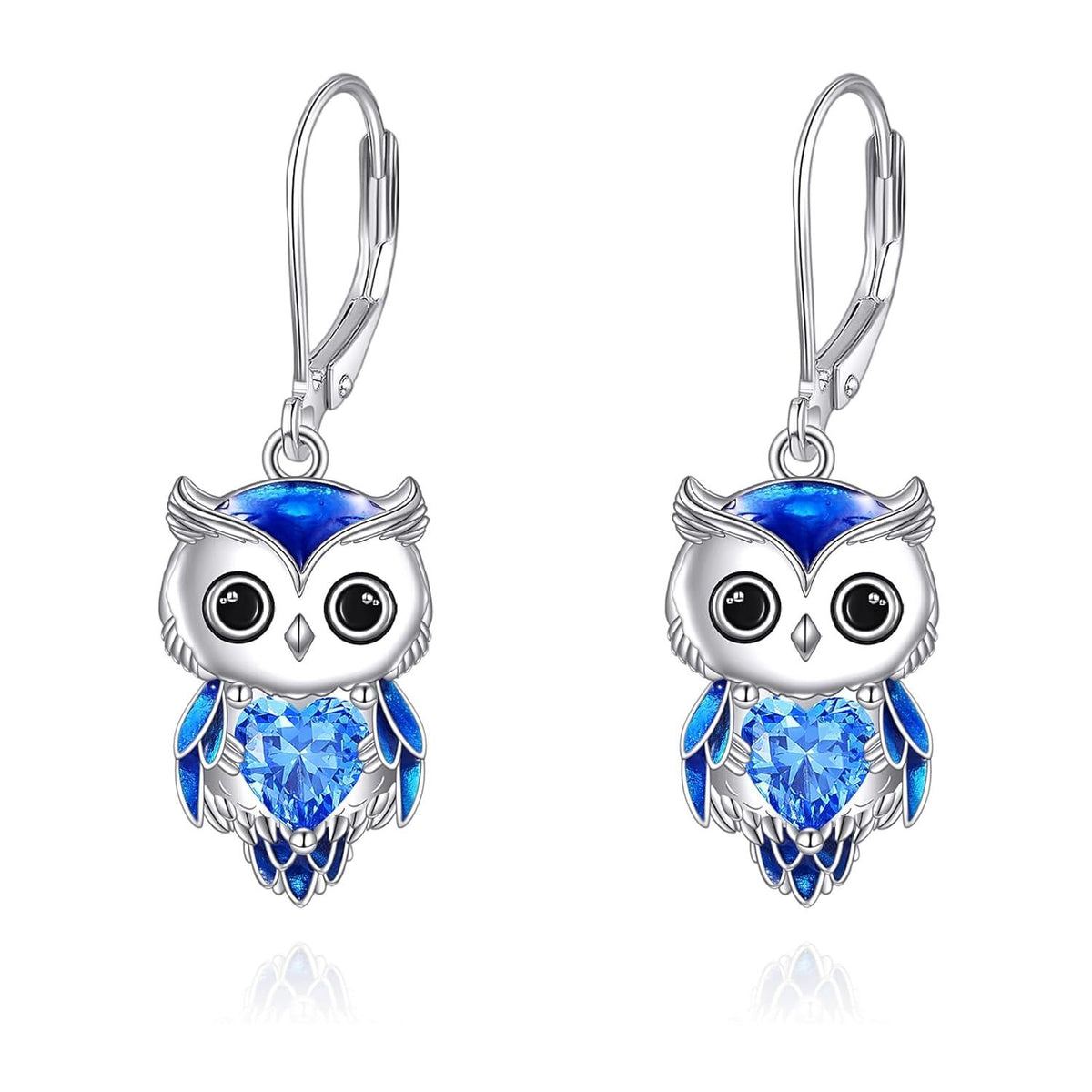 925 Sterling Silver Cute Owl Green Birthstone Heart Drop Earrings