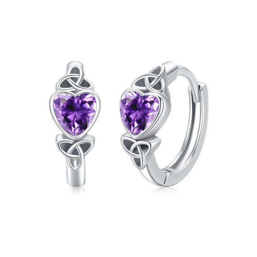 925 Sterling Silver Celtic Knot Heart Amethyst Birthstone Hoop Earrings
